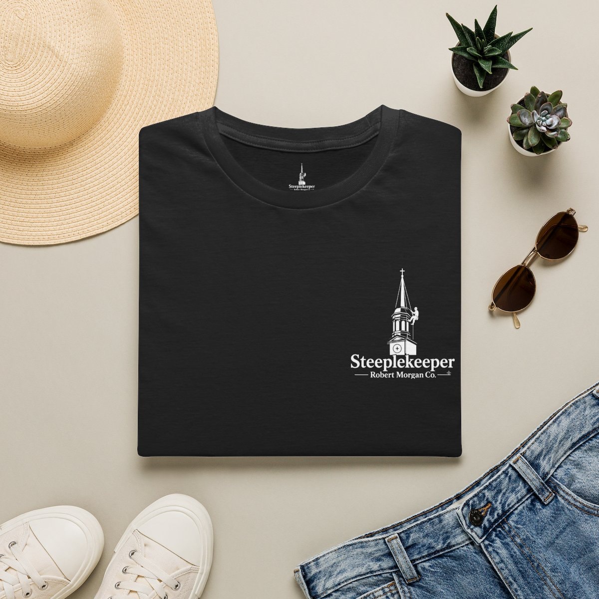 Steeplekeeper black t-shirt with Robert Morgan Co. steeplejack logo
