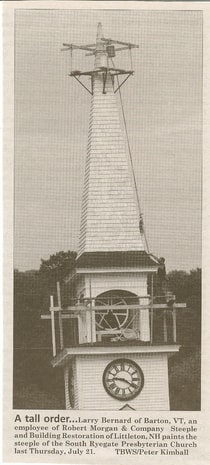 A tall order — Larry Bernard of Barton VT paints the steeple of South Ryegate Presbyterian Church, NH