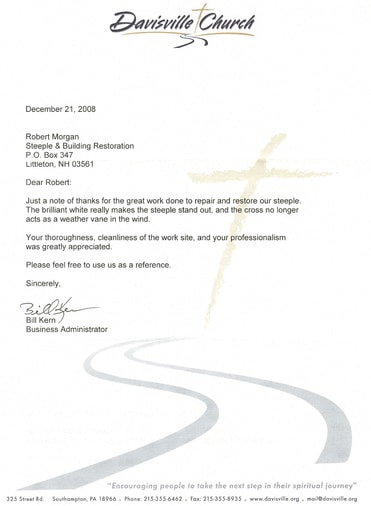 Thank you note from Davisville Church praising steeple repair and restoration