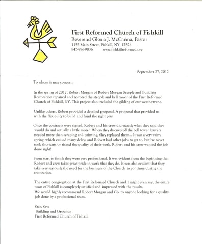 Letter of recommendation from First Reformed Church of Fishkill, NY praising Robert Morgan Co. steeple restoration