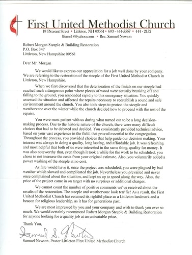 Letter of appreciation from First United Methodist Church, Littleton, NH for steeple restoration