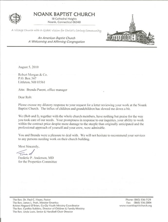 Recommendation letter from Noank Baptist Church, CT praising steeple restoration work