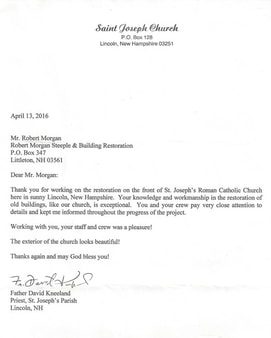 Thank you letter from Saint Joseph Church, Lincoln, NH praising restoration work on the front of the church