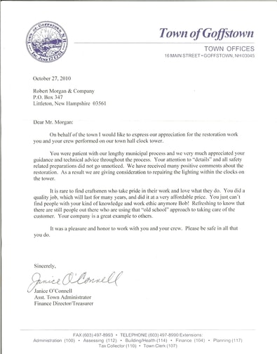 Letter of appreciation from the Town of Goffstown, NH for town hall clock tower restoration