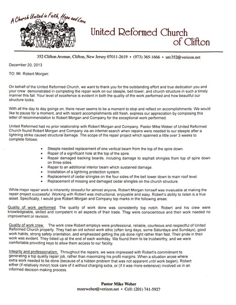 Letter of recommendation from United Reformed Church of Clifton, NJ praising steeple and bell tower repair after lightning strike