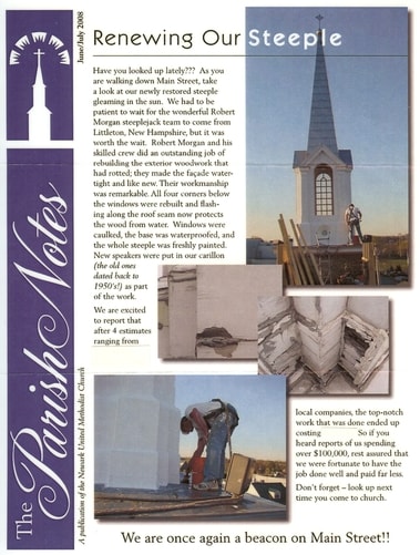 Parish Notes newsletter feature on steeple restoration project with before and after photos